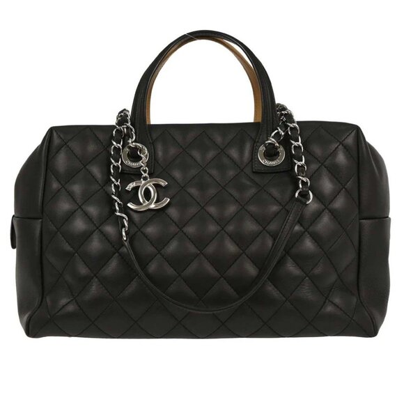 Chanel Black Beige Calfskin Featherweight Bowling Bag - Picture 1 of 10
